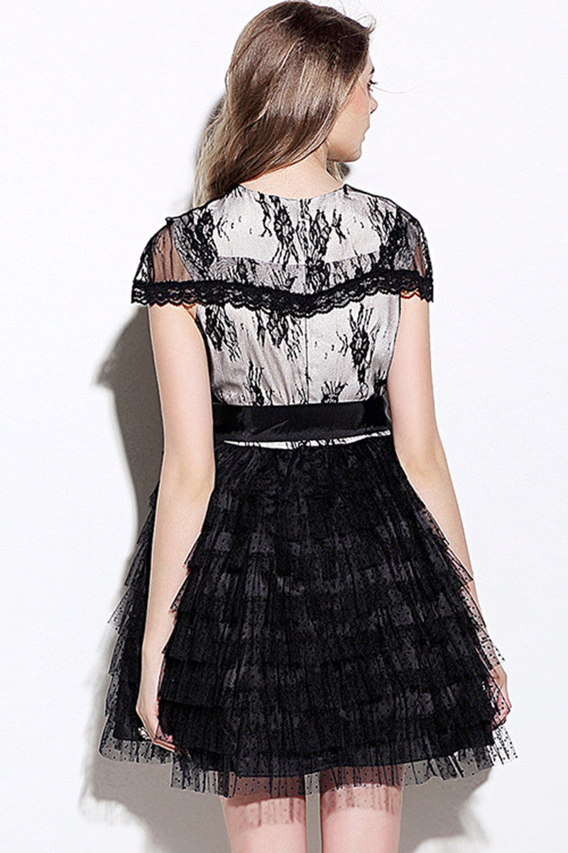 GRACE LACE SHORT SLEEVE A-LINE MESH OVERLAID FULL DRESS