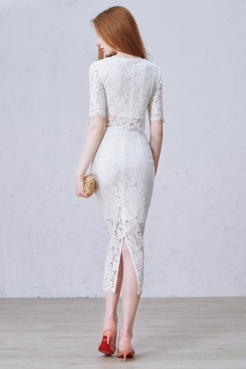 Round Collar Lace Crop Bodycon 2 Piece Party Pencil Skirt Dress