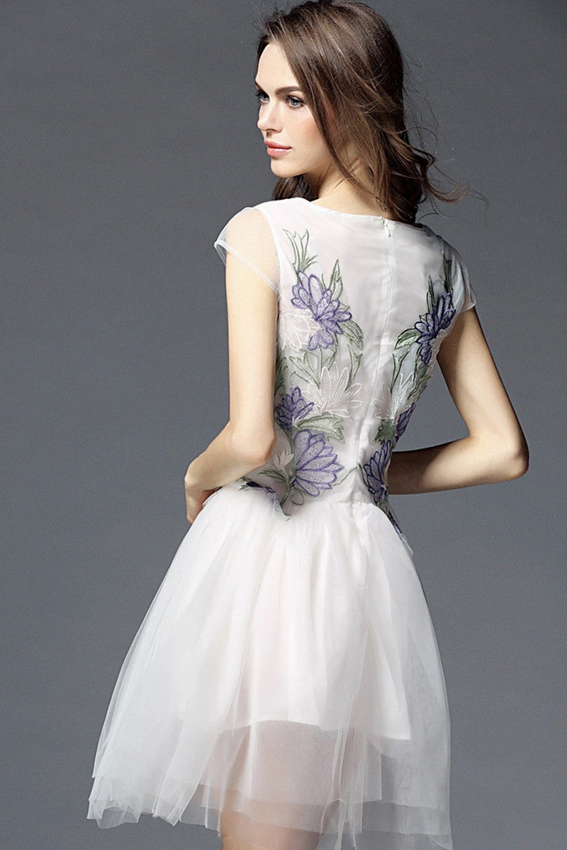 Round Collar Embroidery Tulle Overlay Full Dress