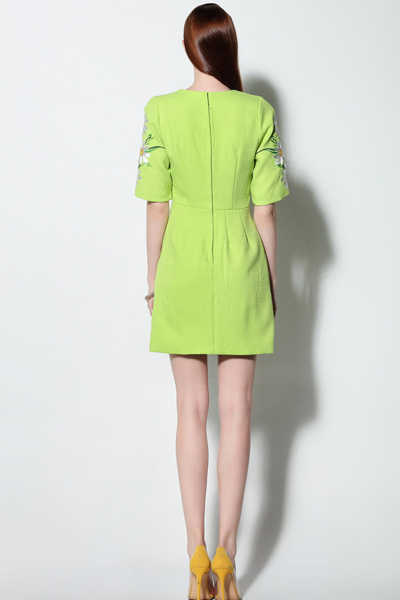 Fresh Apple Green Color High Waist With Floral Embroidered Short Cotail Dress