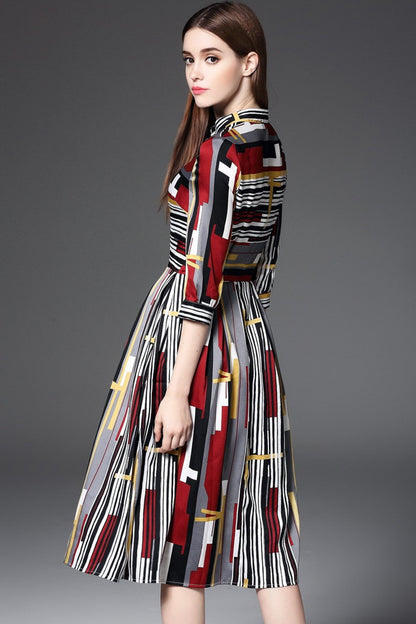 Stand Collar Geometry Multi Color Pattern Flare Dress