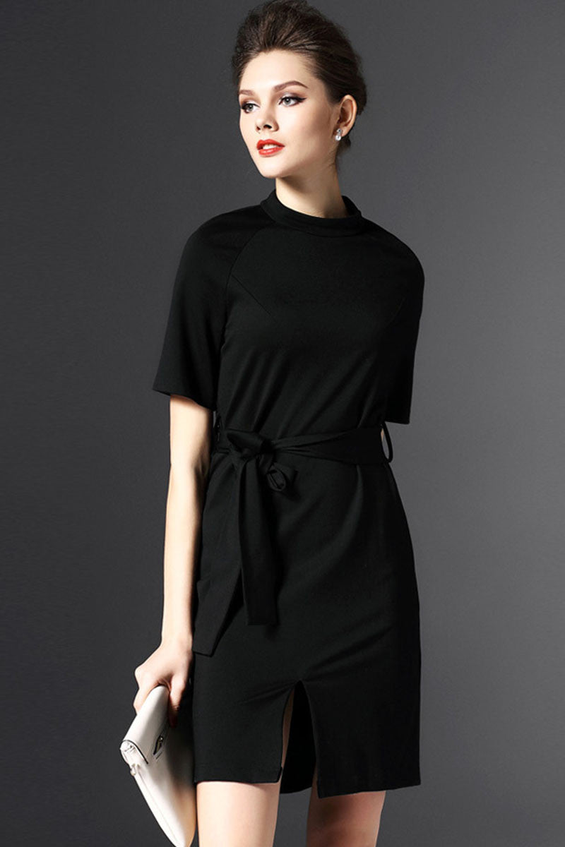 Stand Collar Front Slit Mini  Slim Dress With Belt - NJOYDRESS - 3