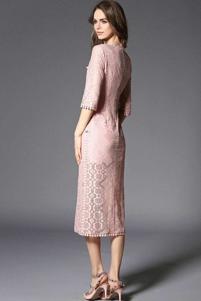 V Neck Full Lace Slim Wrap Side Slit Chi-Pao Dress