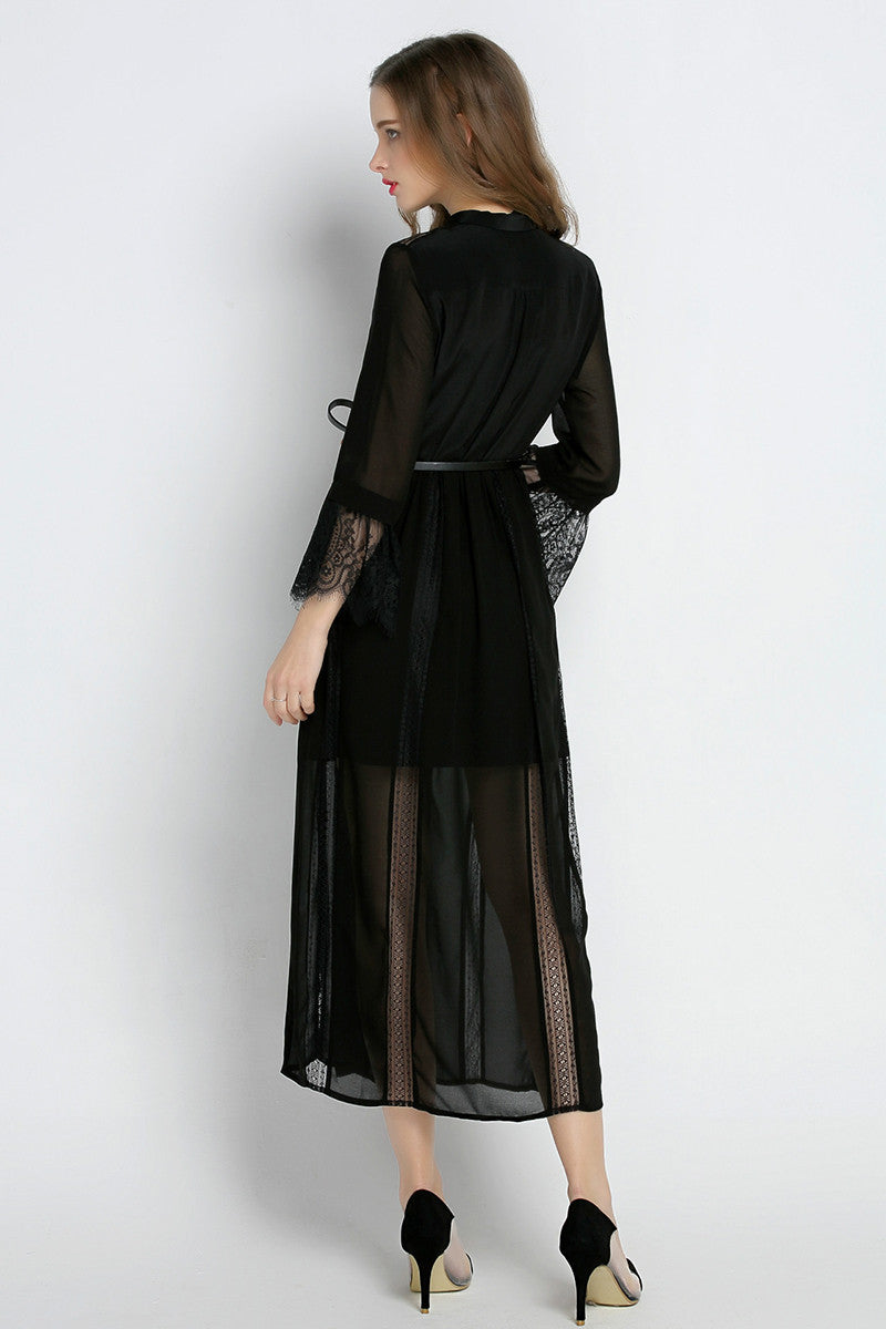 Lapel Neck Flare Sleeve Button Down Sheer Lace Dress With Belt