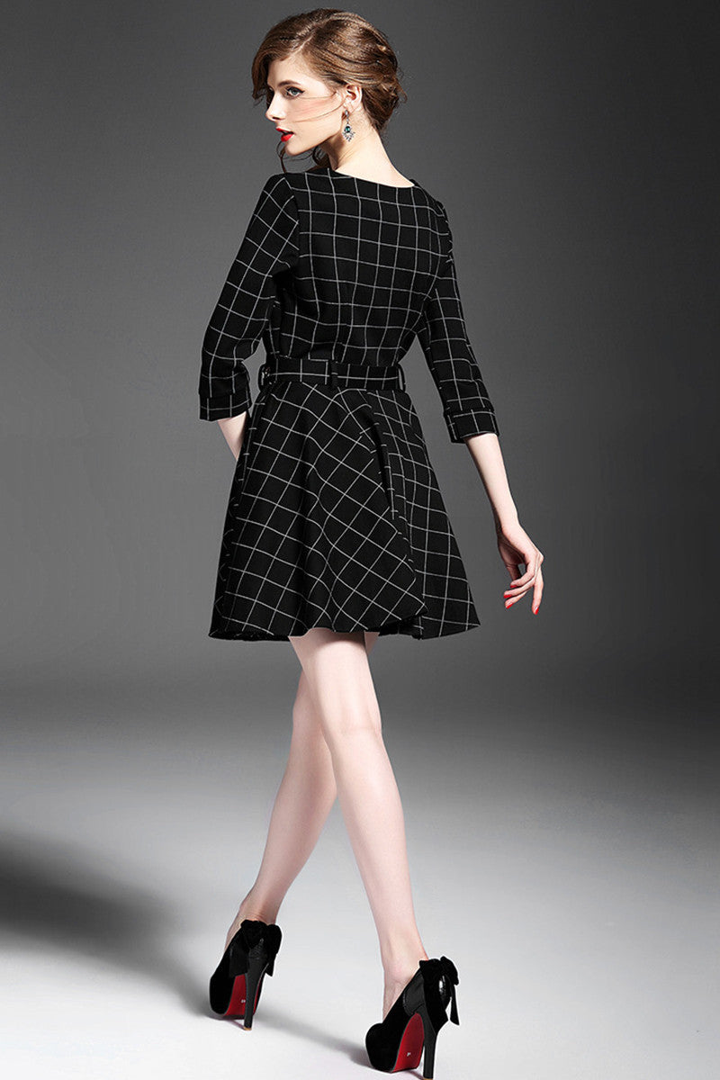 V Neck Shirring Waist Plaid Flare Dress With Belt