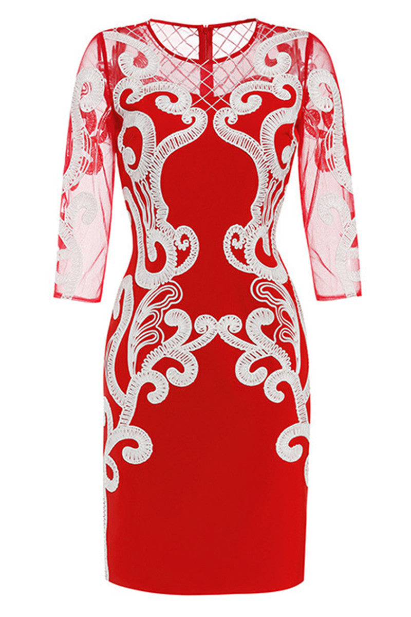Round Collar Sheer Mesh 3/4Sleeve Embroidery Dress