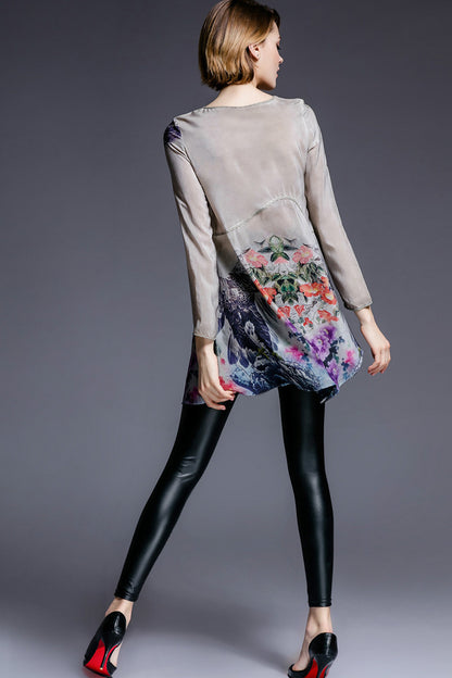Round Collar A-Line Eagle Floral  Pattern  Irregular Loose Top