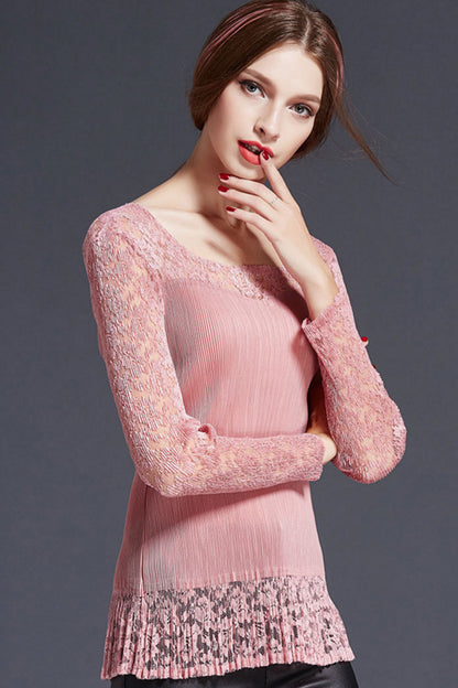 women's casual hollow out long lacing sleeve fit boat neck shirt