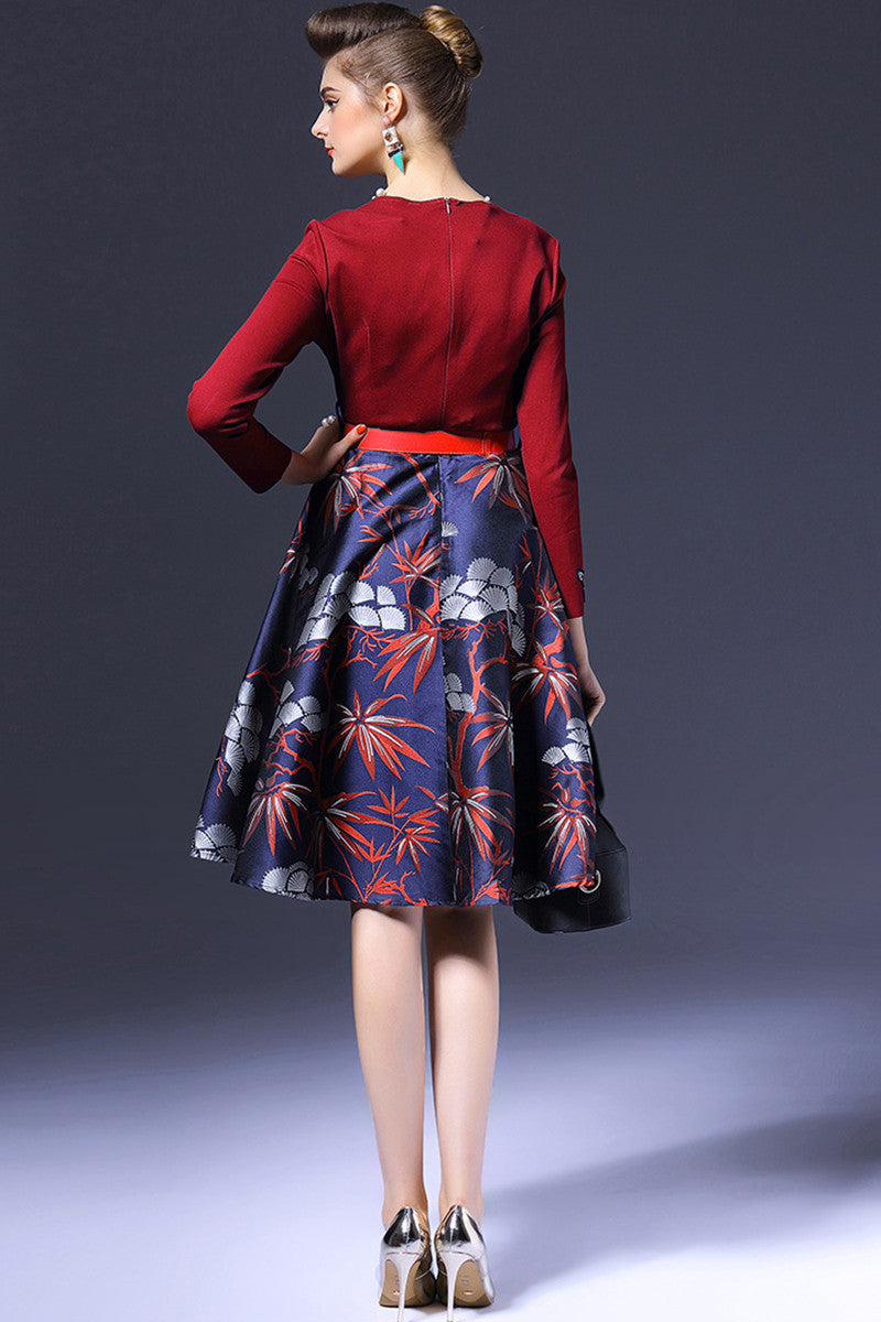 V-Neck Slim-and-Flared Dress With Butterfly Embroidered On Sleeve