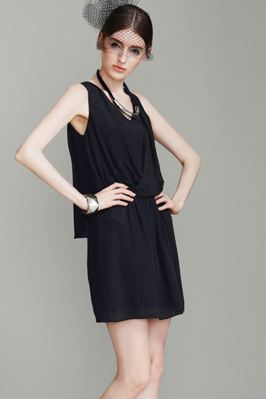 Cross V Neck Shirring Waist Dress