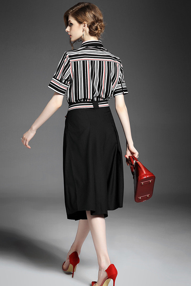1 Women's Polo Neck Shirt Short Sleeve Slim Stripe Skirt With Belt Suit - NJOYDRESS - 3