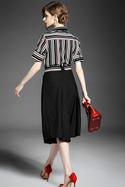 1 Women's Polo Neck Shirt Short Sleeve Slim Stripe Skirt With Belt Suit - NJOYDRESS - 3