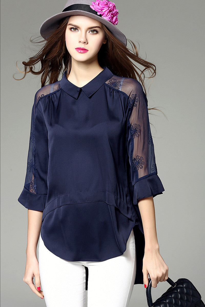 Lapel Neck Flare Sleeve Sheer Mesh Patch Side Slit Short Front  Back Top