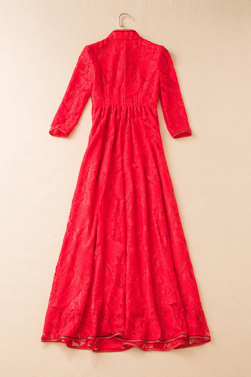 Stand Collar Flock Lace Pleated Swing  Maxi  Chi-Pao Dress