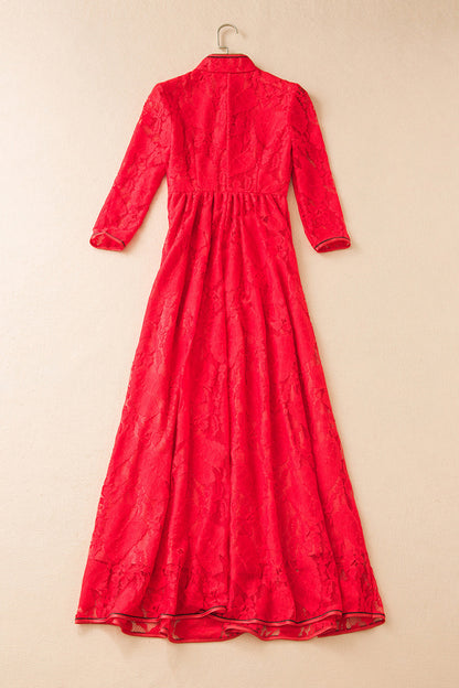 Stand Collar Flock Lace Pleated Swing  Maxi  Chi-Pao Dress