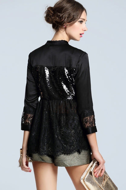 V Neck Sigle Breasted Sequin Hollow Out Lace Blouse