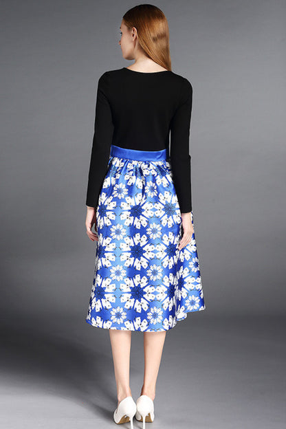 CASUAL BOAT NECK FIT LONG SLEEVE FLOWER PRINTING MIDI DRESS