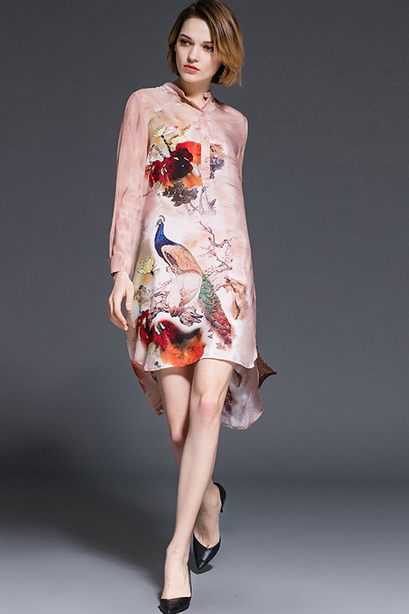Stand Collar Peacock Pattern Front Short Long Back Dress - NJOYDRESS - 2