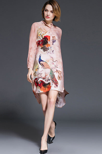 Stand Collar Peacock Pattern Front Short Long Back Dress - NJOYDRESS - 2
