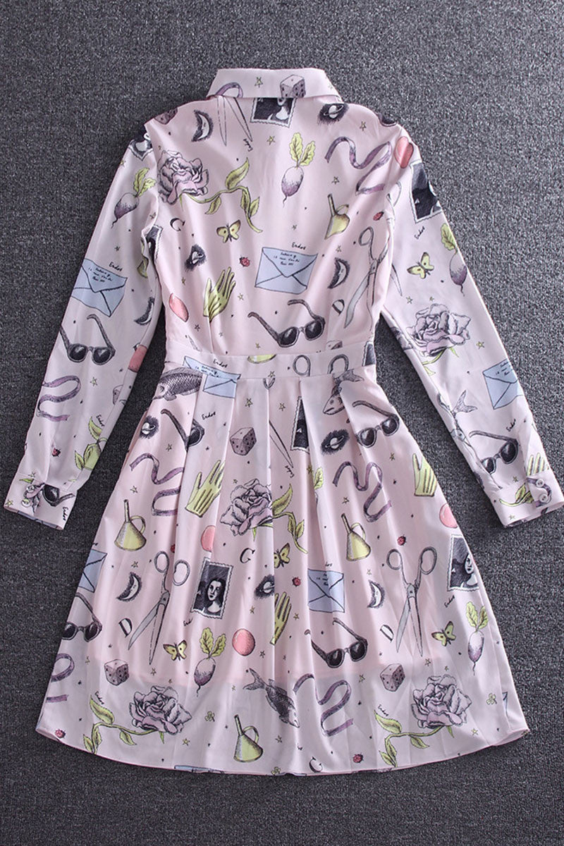 Roll Collar Pattrn Print Slant Pocket Pleat Dress - NJOYDRESS - 2