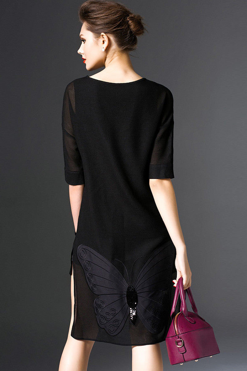 Round Collar 3/4 Sleeve Mesh Patch Irregular High-Low Butterly Embroidered  Dress
