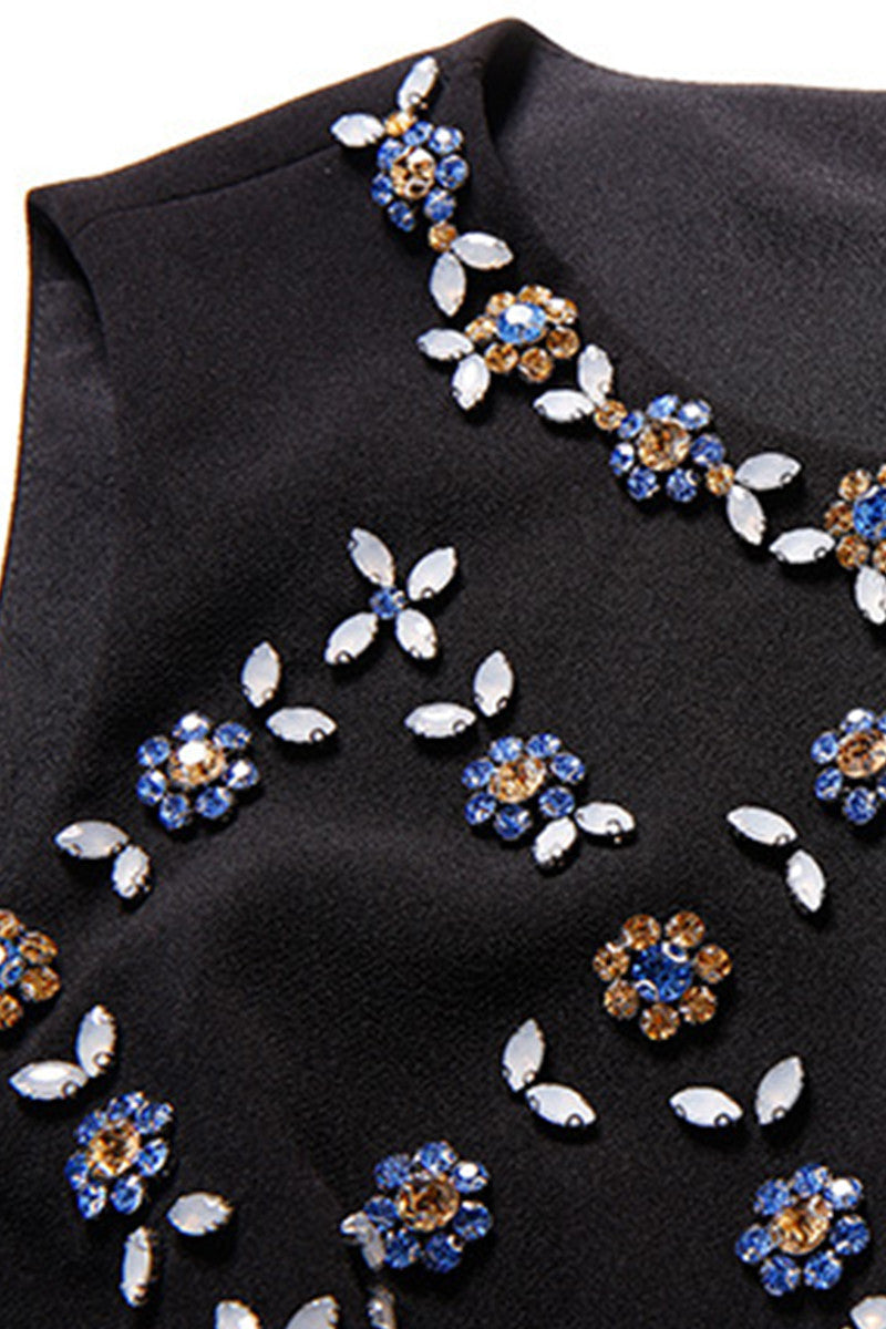 Round Collar Sleeveless Floral Beaded Slim Dress