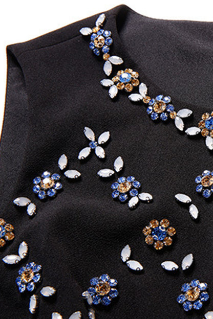Round Collar Sleeveless Floral Beaded Slim Dress