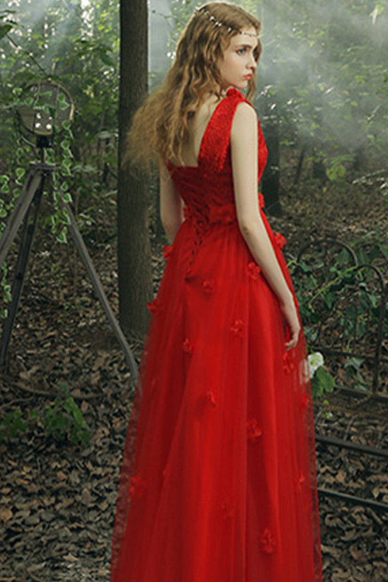 Deep V Neck Flower Patch Empire Waist Pleat Gown