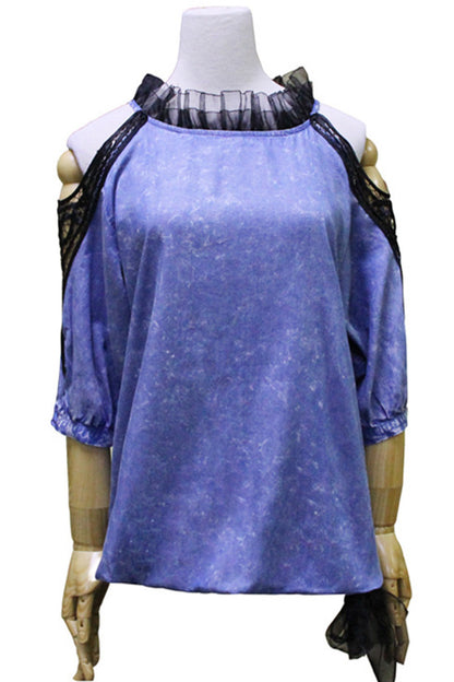 Stand Collar Crohet Open Sleeve Organza Denim Top