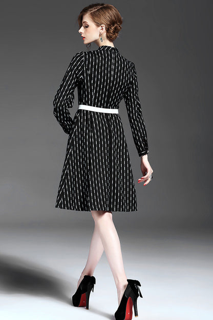 WOMEN'S ELEGANT STAND COLLAR WEAR STRIPE TO WORK MIDI DRESS