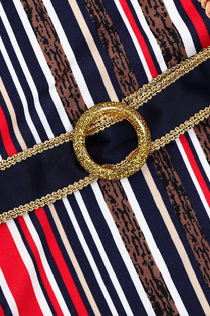 Multi-Color Vertical Stripe Print Kintted  Dress With Belt