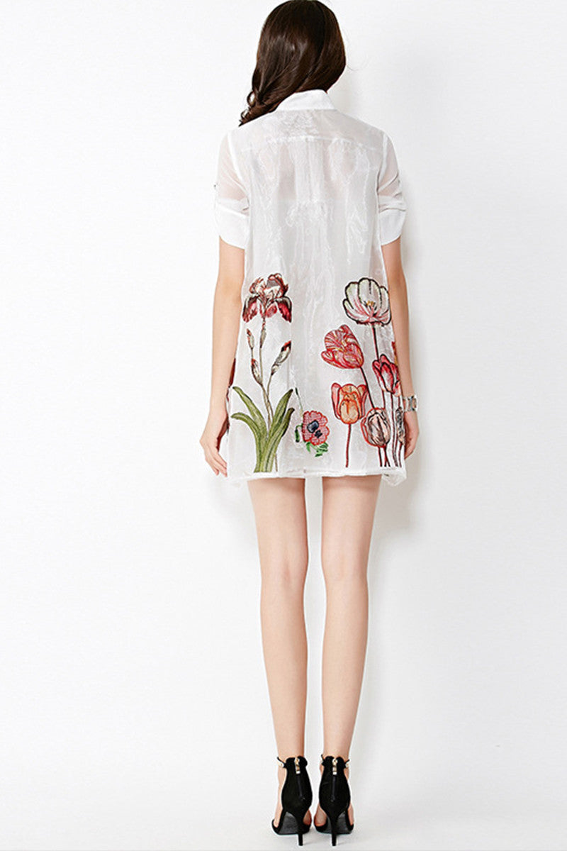 Sheer Stand Collar Flower Embroidery Grace Dress