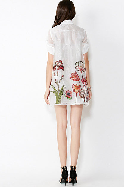 Sheer Stand Collar Flower Embroidery Grace Dress