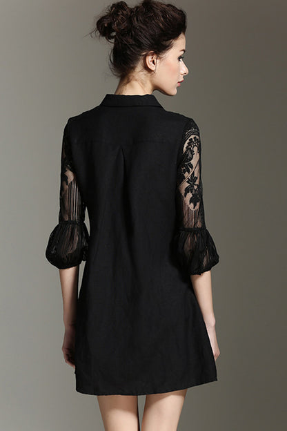Linen Blending Lace Trim Decoration Button Down Shirts