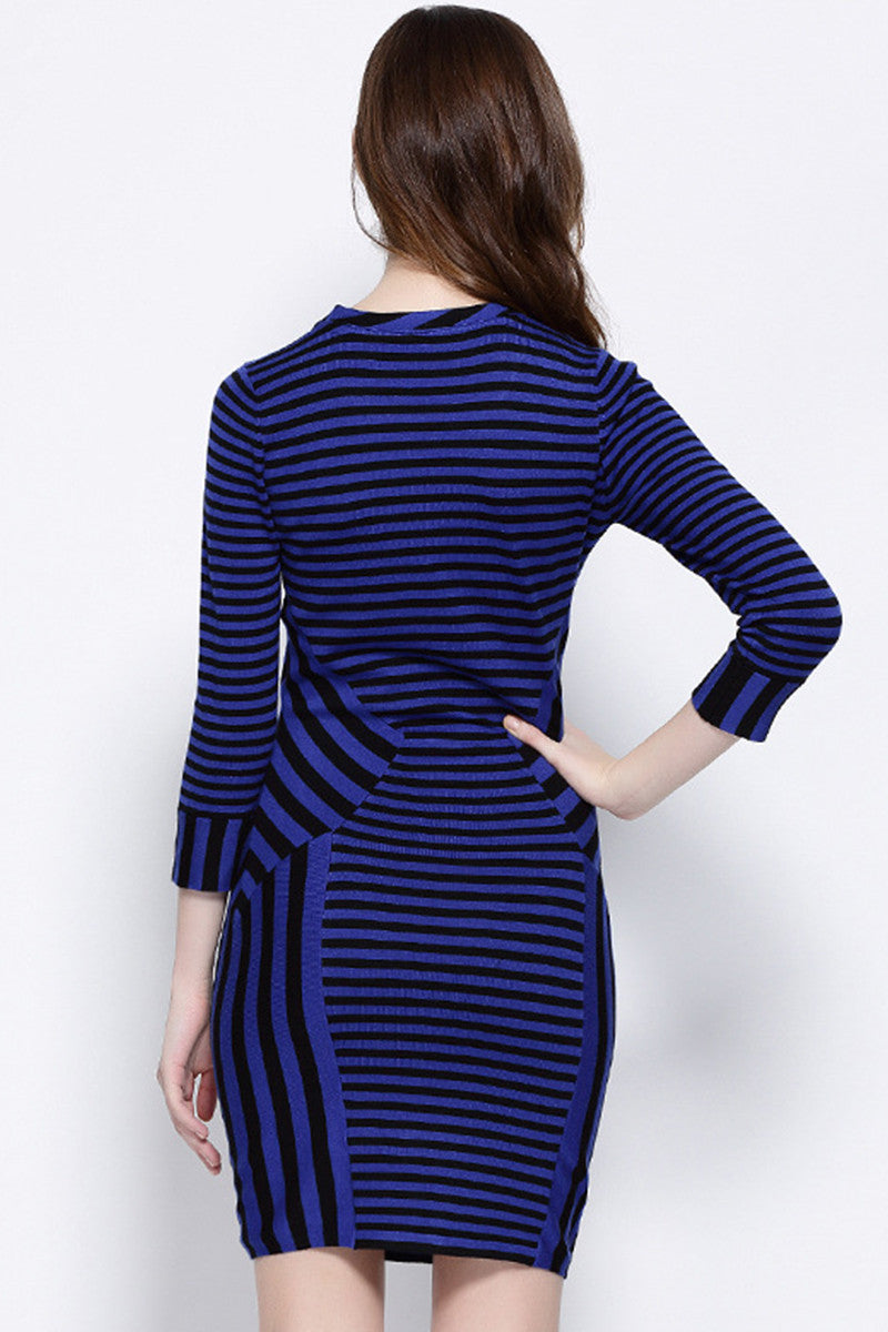 ELEGANT WEAR TO WORK 3/4 SLEEVE IRREGULARITY STRIPE SHORT DRESS