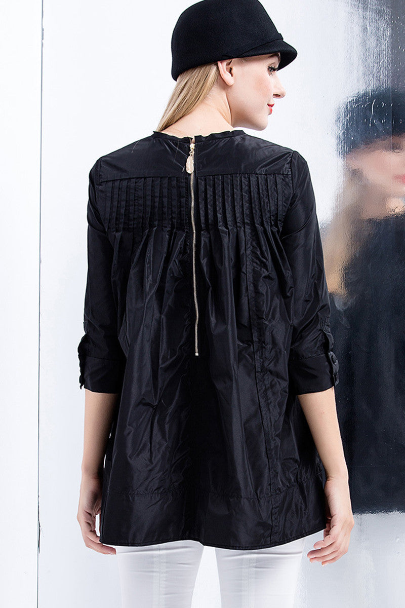1/2 Sleeve Pintuck Babydoll Tops With Zipper Back