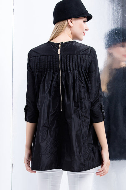 1/2 Sleeve Pintuck Babydoll Tops With Zipper Back
