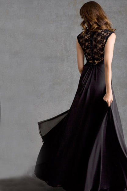 Deep V Neck Lace Cap Sleeve Flare Long Dress