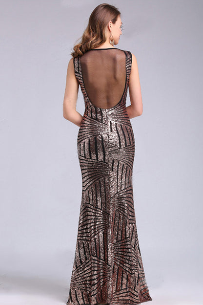 Deep V Neck Bling Sequin See Through Mesh Back Slim Stretch Maxi Dress