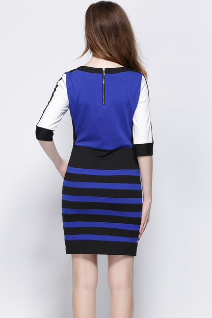 FORMAL SLIM STRIPE HALF SLEEVE ROUND NECK OL DRESS