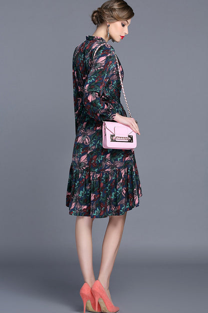 Stand Collar Floral Pattern Pleated Hi-Low Dress