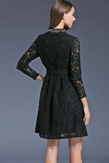 Stand Pearl-Collar Flock-Lace  Pleated Dress With Belt