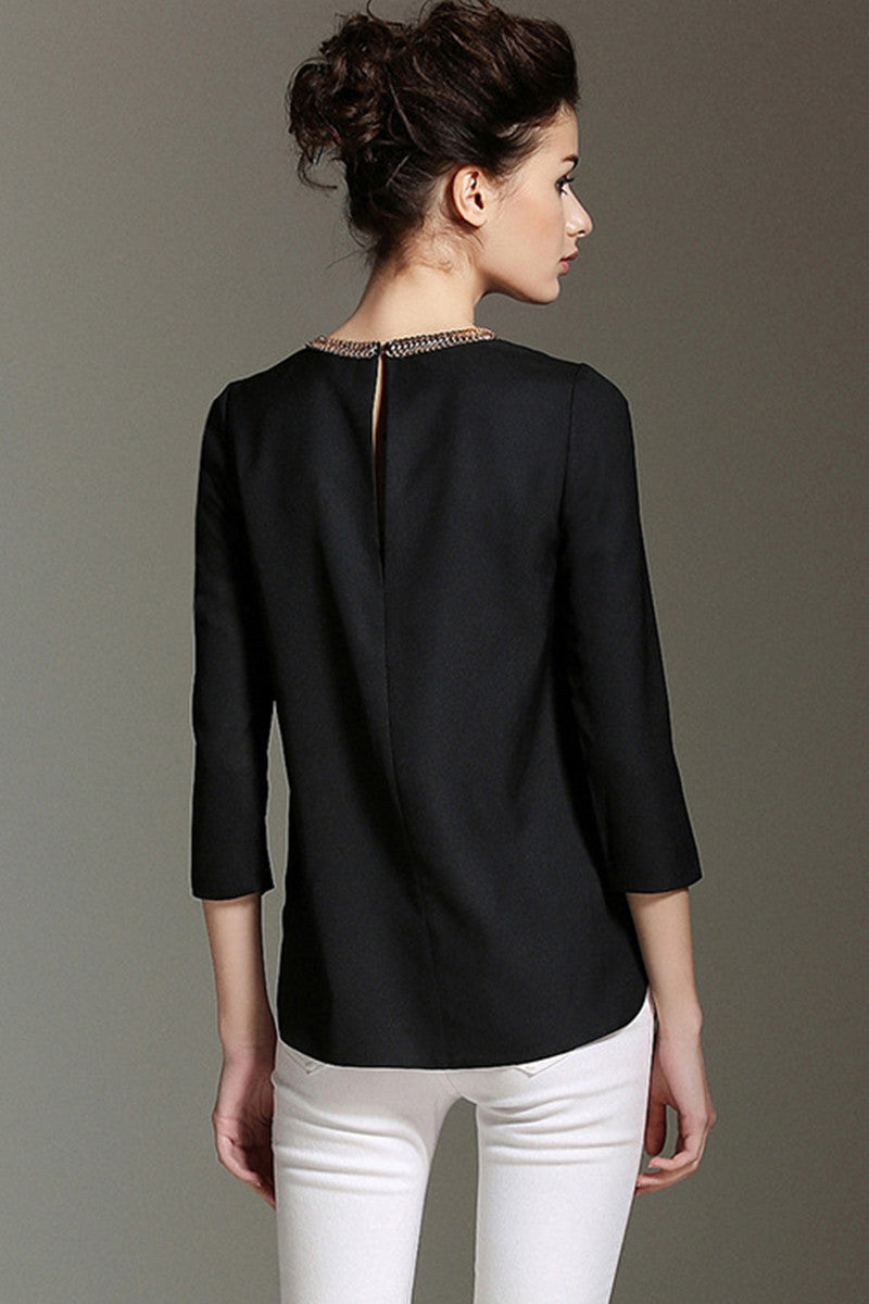 Chain Neck 3/4Sleeve Slit Side Hollow-Out Back Chiffon Top
