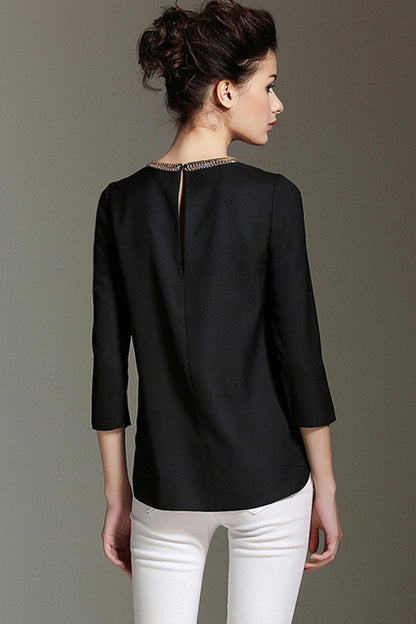 Chain Neck 3/4Sleeve Slit Side Hollow-Out Back Chiffon Top