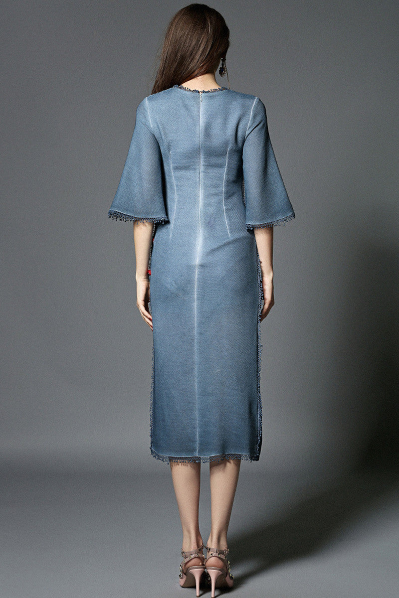 VINTAGE HALF SLEEVE BATWING CASUAL ROUND NECK MIDI DRESS