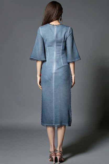 VINTAGE HALF SLEEVE BATWING CASUAL ROUND NECK MIDI DRESS