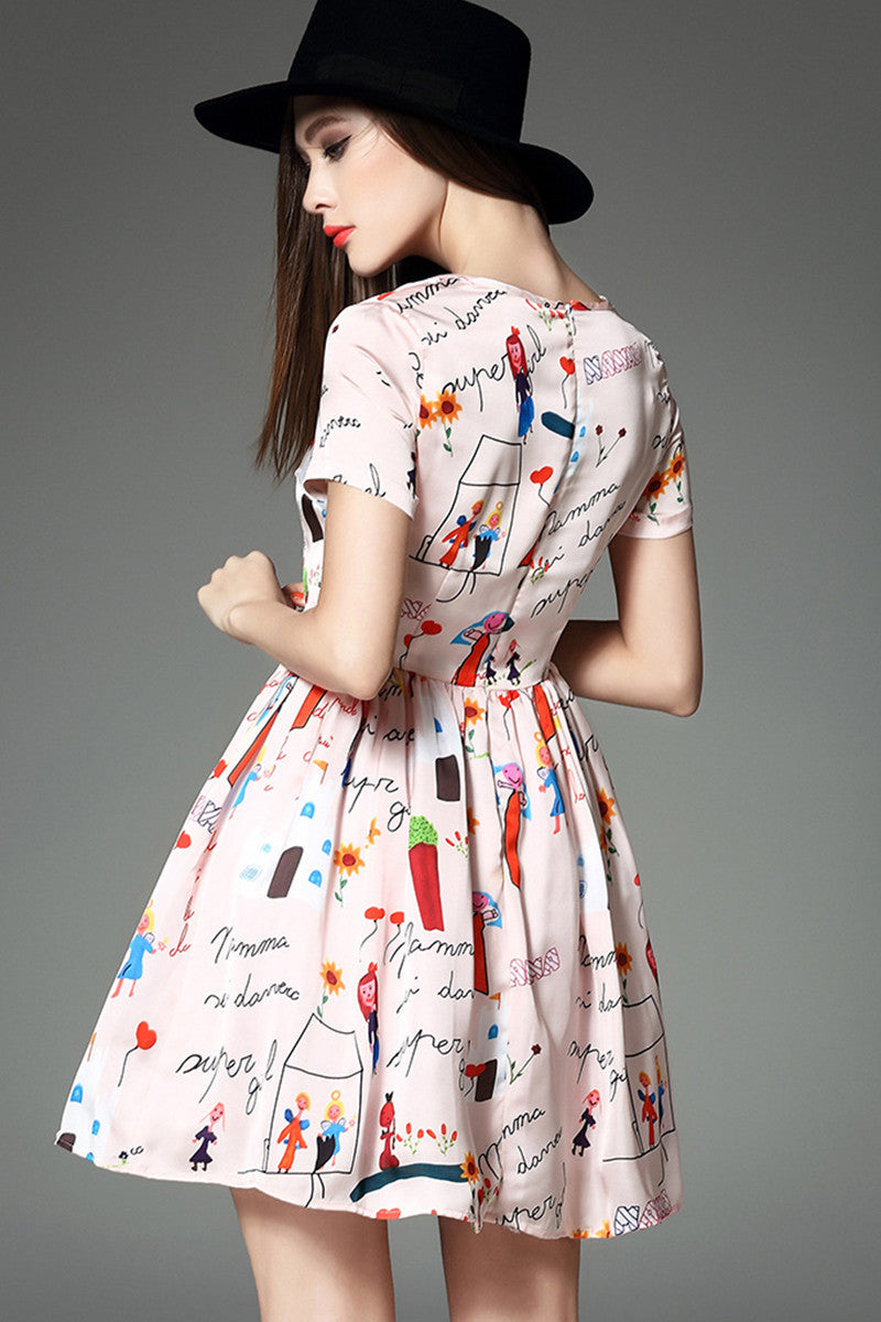 [30% OFF TILL 8 APR] Cute Cartoon Print Short Sleeve Fit-and-Flare Casual Dress