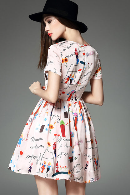 [30% OFF TILL 8 APR] Cute Cartoon Print Short Sleeve Fit-and-Flare Casual Dress