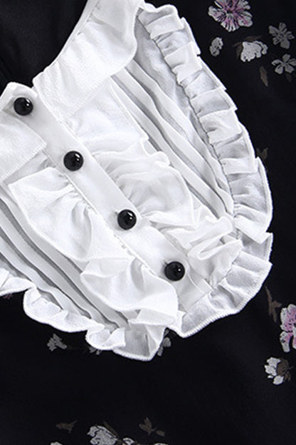 Ruffle Neck And Sleeve Floral Printing Chiffon Dress