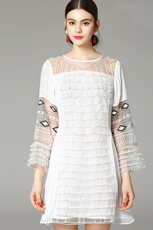 WOMEN'S ELEGANT ROUND NECK LACE SLEEVE SHORT DRESS